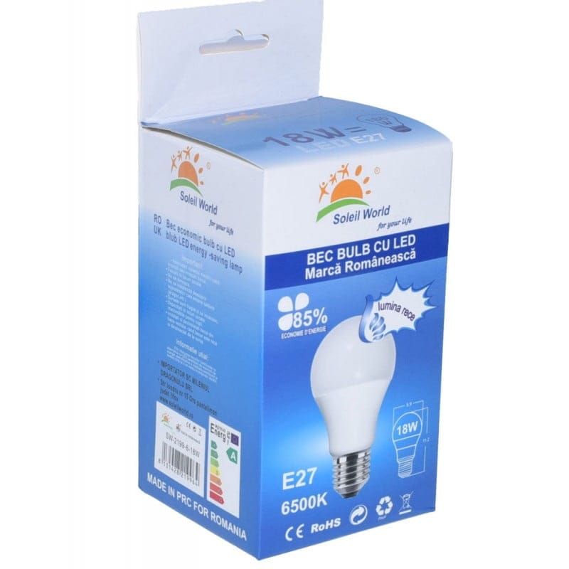 Cutie ambalaj bec LED E27 18W lumina rece 6500K, clasa A, certificare CE si RoHS