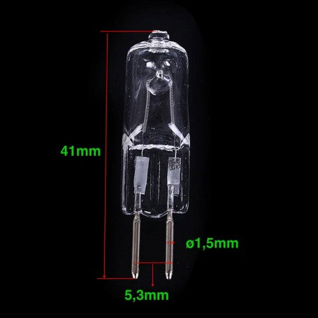 Bec halogen G5 cu dimensiuni: lungime 41mm, diametru pin 1,5mm, distanta pini 5,3mm