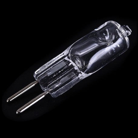 Bec halogen G6 bifilar cu bulb din sticla clara, vedere laterala pe fond negru