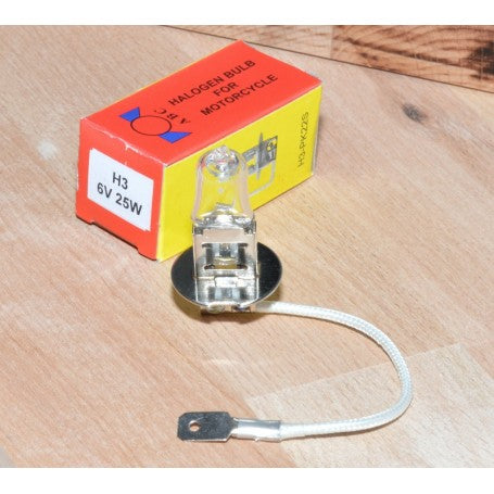 Bec halogen H3 6V 25W cu fir de conectare, vedere laterala cu cutie