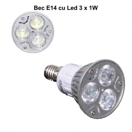 Bec LED E14 3W vedere frontala si laterala, trei diode 1W vizibile