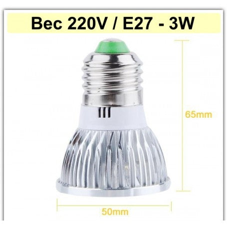 Bec LED E27 3W, dimensiuni 65x50mm, soclu standard 220V