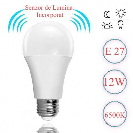 Bec LED E27 12W 6500K cu senzor de lumina incorporat, aprindere si stingere automata