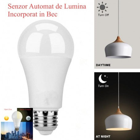 Bec LED E27 cu senzor automat de lumina incorporat, functionare zi/noapte in corp de iluminat suspendat