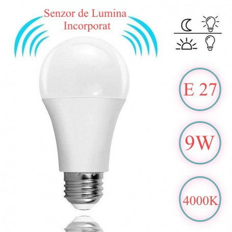Bec LED E27 9W cu senzor de lumina integrat, temperatura culoare 4000K, aprindere automata