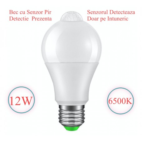 Bec LED cu senzor PIR 12W, 6500K, activare automata pe intuneric