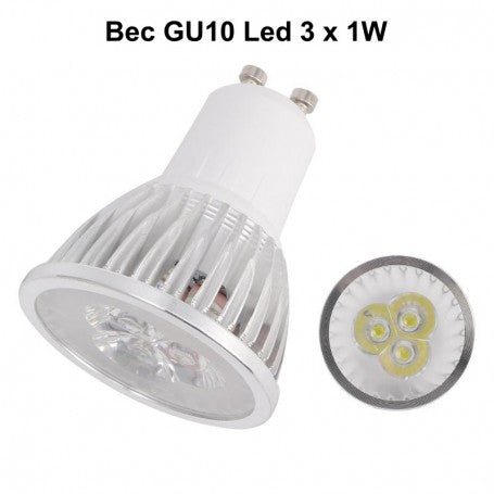 Bec spot LED GU10 3x1W vazut din lateral si frontal, cu cele 3 leduri vizibile