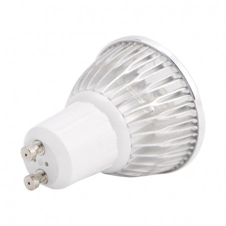 Bec spot LED GU10 3W cu corp metalic nervurat, vedere din spate cu soclu