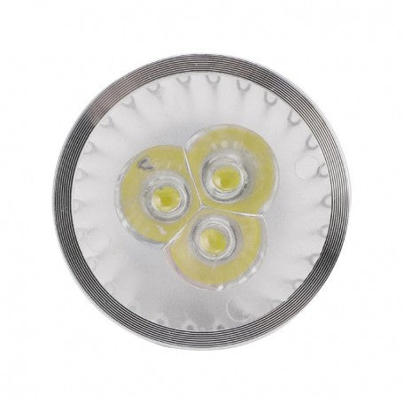 Vedere frontala bec LED GU10 3W cu cele 3 puncte luminoase dispuse circular