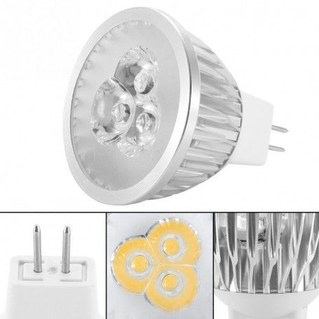 Bec LED MR16 GU5.3 detalii soclu pini si chip-uri LED 3W vedere multipla