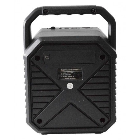 Boxa portabila wireless, vedere spate cu eticheta parametri tehnici si design robust