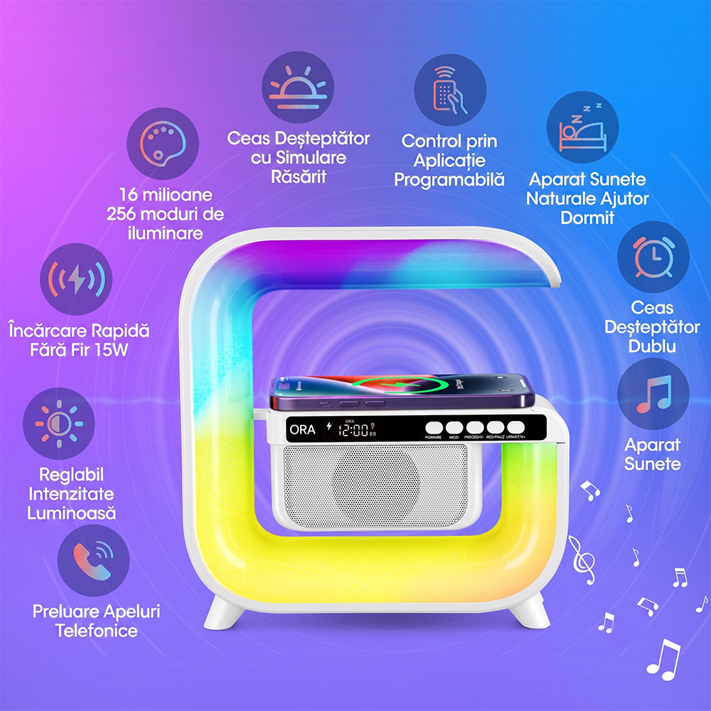 Ceas Digital cu Boxa Bluetooth, Incarcare Wireless 15W si Iluminare LED RGB