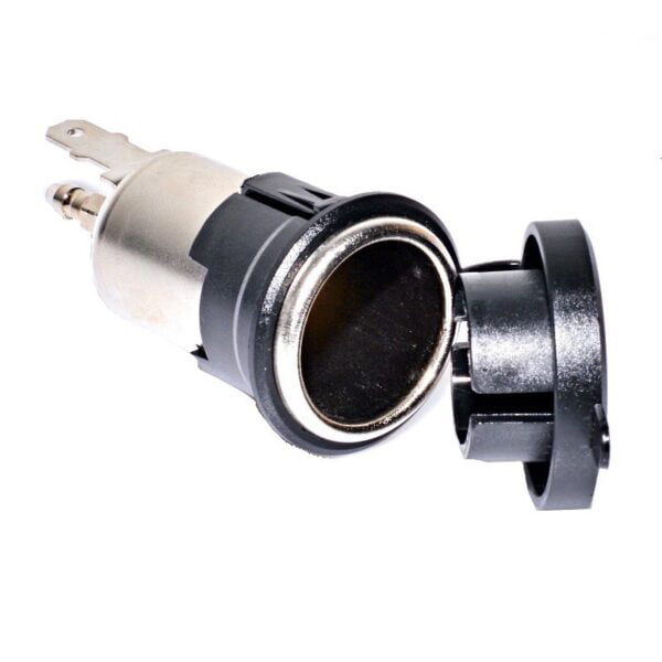 Priza bricheta auto 12V cu capac rabatabil deschis, interior metalic crom si clips de fixare