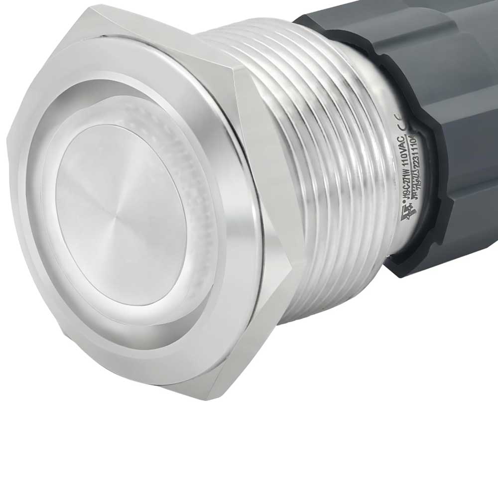 Buton metalic push 22mm cu retinere, LED alb 220V, IP65, corp aluminiu, inel luminos, contact NO/NC