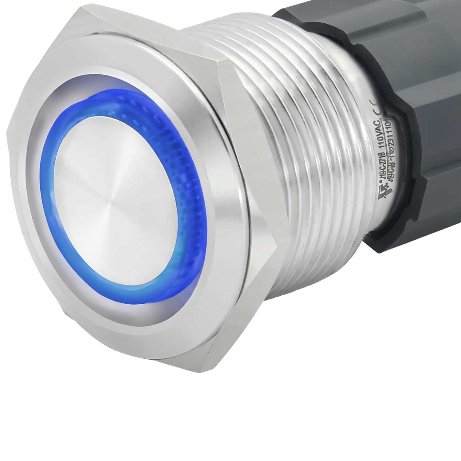Buton metalic push 22mm cu revenire, inel LED albastru, 220V 10A, IP65, corp din aluminiu inoxidabil