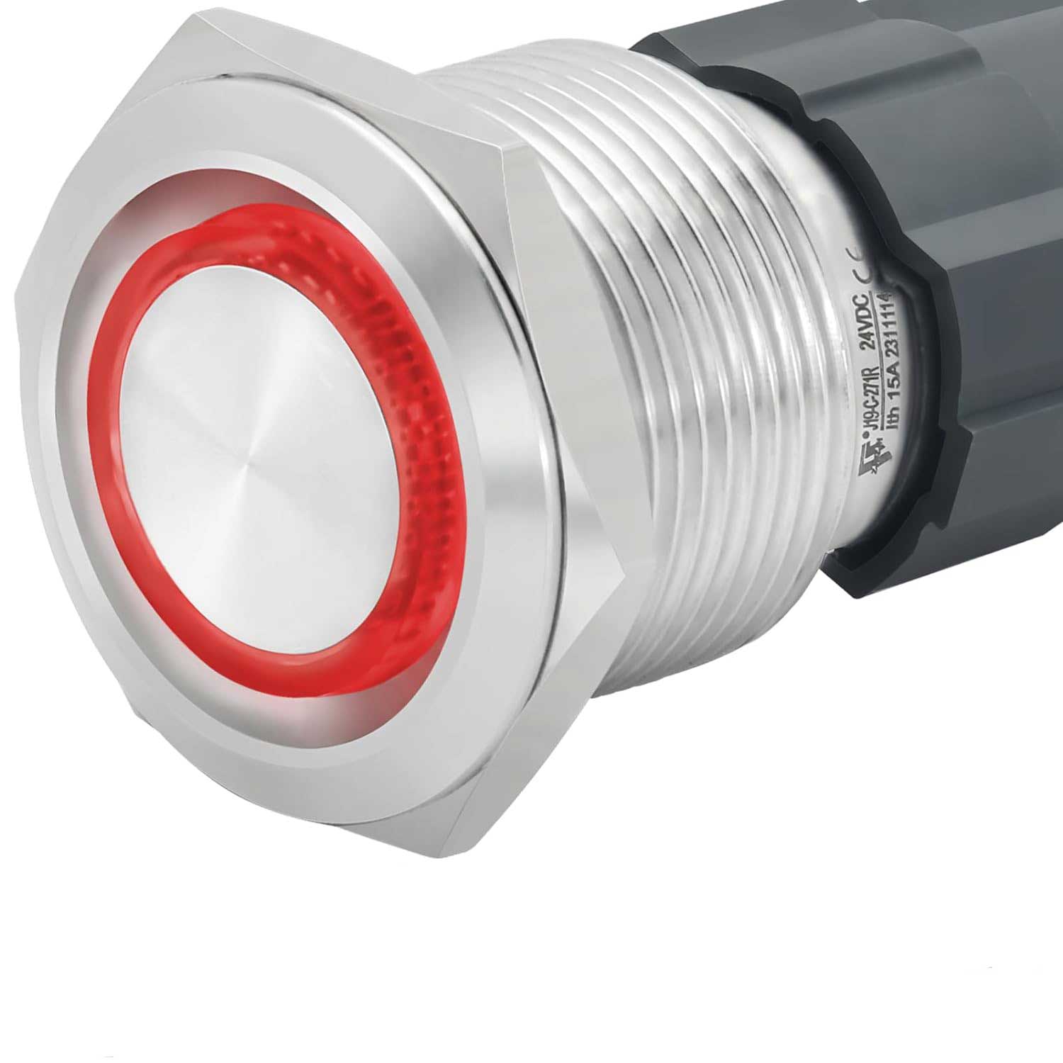 Buton metalic push 22mm cu retinere, LED inel rosu, 220V 10A, corp aluminiu IP65, montaj M22