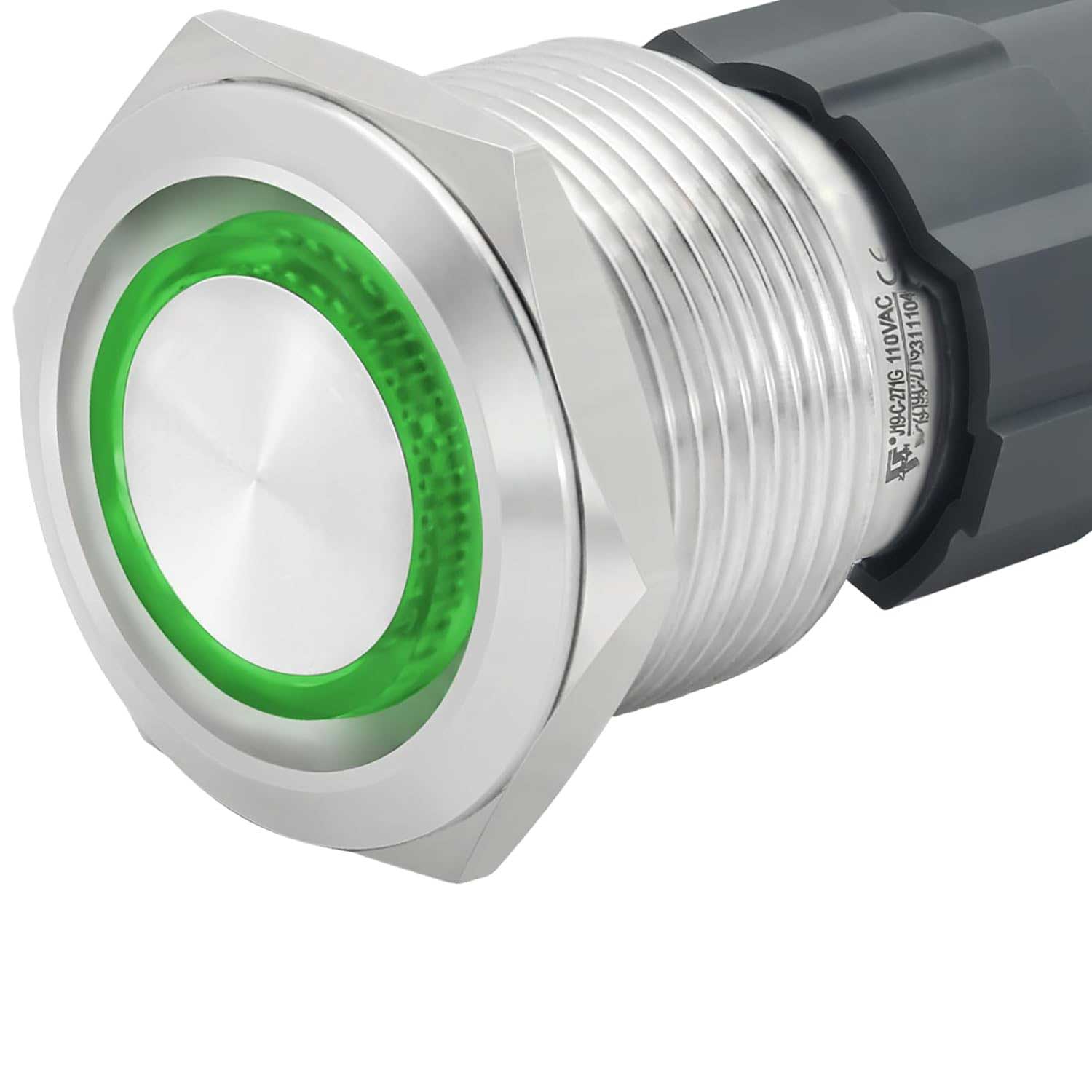 Buton metalic push 22mm cu revenire, LED verde, IP65, 220V 10A, carcasa din aluminiu inox