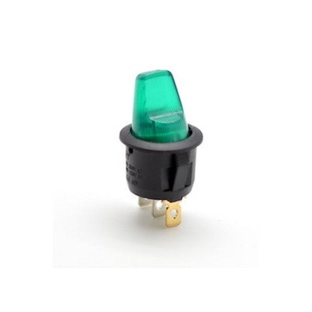 Buton basculant tip maneta 12V cu LED verde integrat, 5A, montaj cu urechi laterale, 3 papuci conexiune