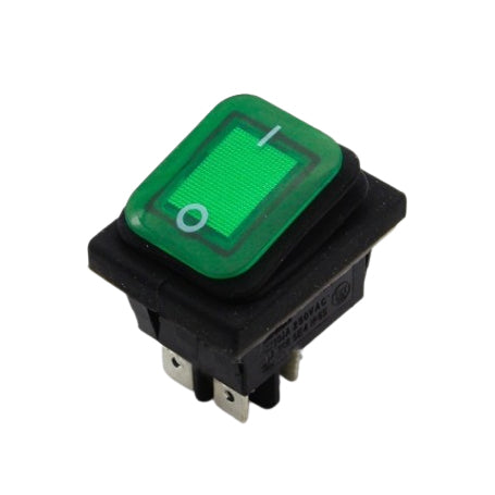 Buton basculant ON-OFF 220V 16A cu LED verde si protectie cauciuc, 4 contacte, rezistent la stropire