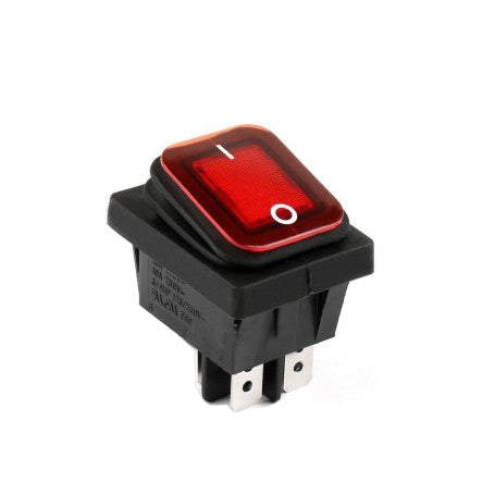 Intrerupator rocker ON-OFF 16A 220V cu LED rosu si protectie cauciuc, 4 contacte, montaj panel