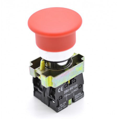 Buton ciuperca rosu 40mm, contact 1NO+1NC, 220V AC, montaj 22mm, pentru oprire de urgenta industriala