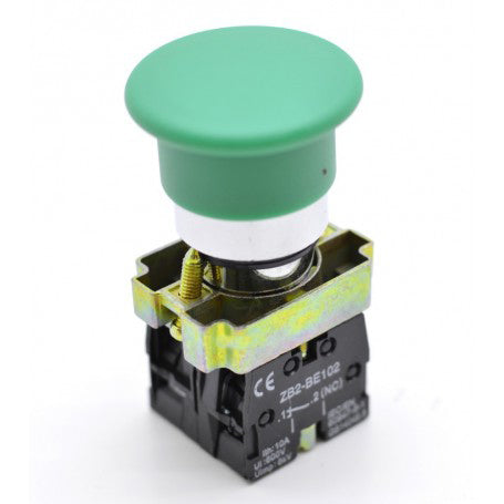 Buton ciuperca verde 22mm, 220V AC, contact 1NO+1NC, reverenire automata, pentru panou electric industrial