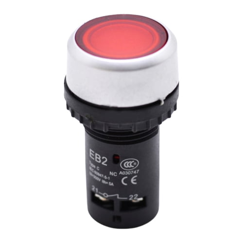 Buton push iluminat rosu 22mm, 5A, 220V AC, contact NC, montaj panou industrial
