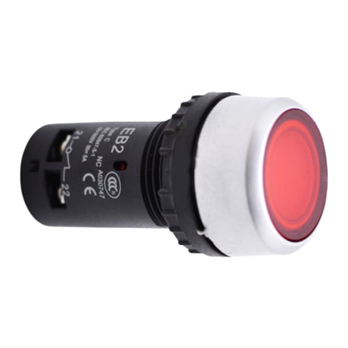 Buton push rosu 22mm vazut din lateral, cu corp filetat pentru fixare in panou