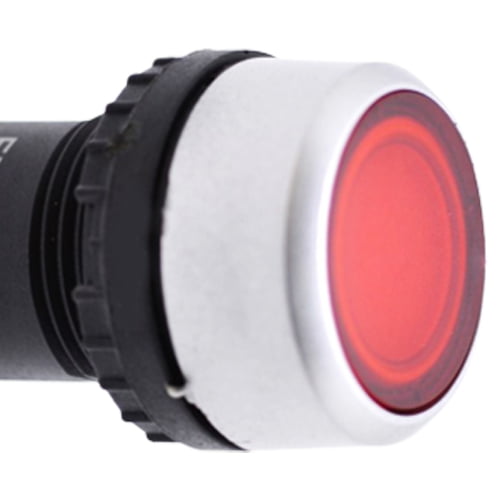 Capac buton push iluminat rosu 22mm, detaliu fata cu iluminare LED integrata