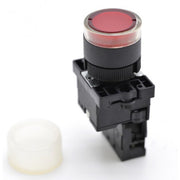 Buton push industrial 22mm cu capac cauciuc rosu, contact 1NC, montaj panou, actiune momentana cu revenire automata