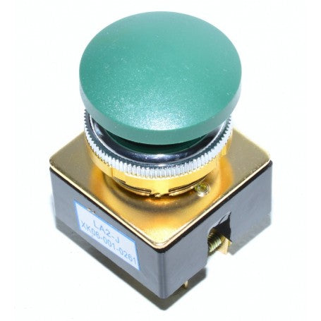 Buton push ciuperca verde 5A, vedere de sus, cap cauciuc usor de actionat, inel cromat de prindere