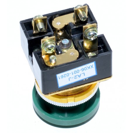 Buton push ciuperca verde, vedere din spate cu bloc contacte si borne de conectare cu surub