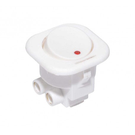 Buton ON/OFF alb 250V 6A cu indicator LED rosu, montaj prin urechi laterale, carcasa plastic 24x24mm