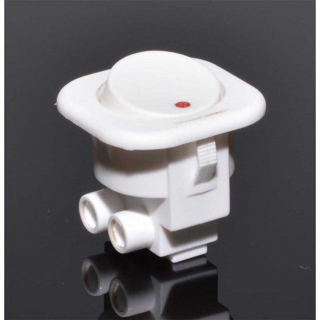 Buton ON/OFF alb 250V cu LED rosu - vedere laterala cu detaliu urechi de montaj