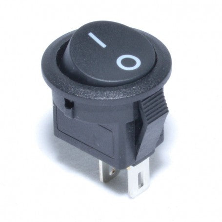 Buton on-off rotund negru 12x20mm, 250V 3A, cu marcaj I/O, montaj prin urechi laterale