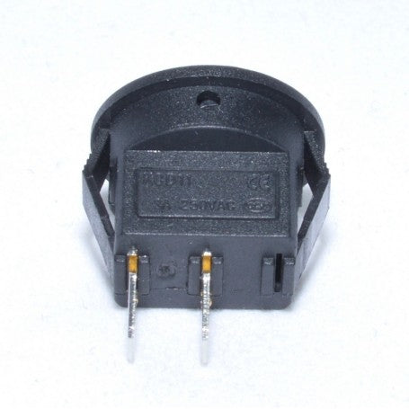 Buton on-off rotund negru, vedere spate cu pini metalici de conectare, 250V AC