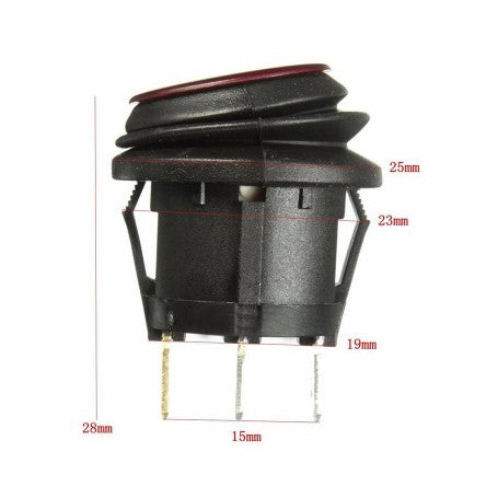 Intrerupator buton ON-OFF cu dimensiuni 25x28mm, gaura montaj 19mm, pini conectare vizibili
