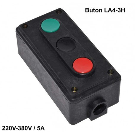 Cutie de comanda industriala cu butoane verde si rosu, 220V-380V, 5A, vedere laterala cu presetupa
