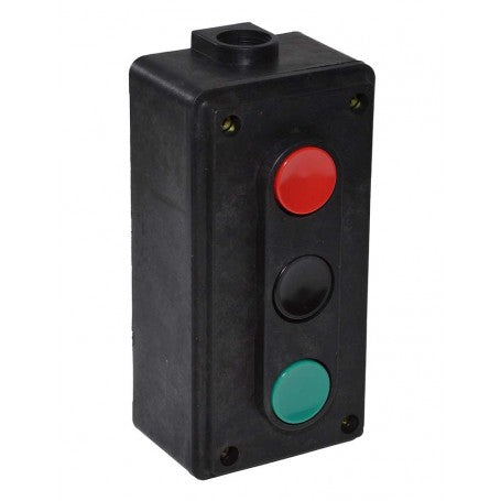 Cutie de comanda cu 3 butoane colorate rosu, negru, verde, vedere frontala verticala, 220V-380V