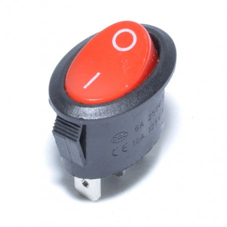 Buton ON-OFF oval rosu 250V 6A, montaj cu urechi laterale, 3 contacte metalice, 24x13x30mm