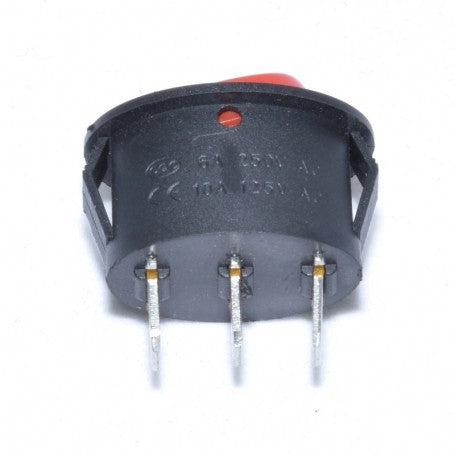 Buton ON-OFF oval 250V, vedere spate cu cei 3 pini de conectare si marcaje electrice