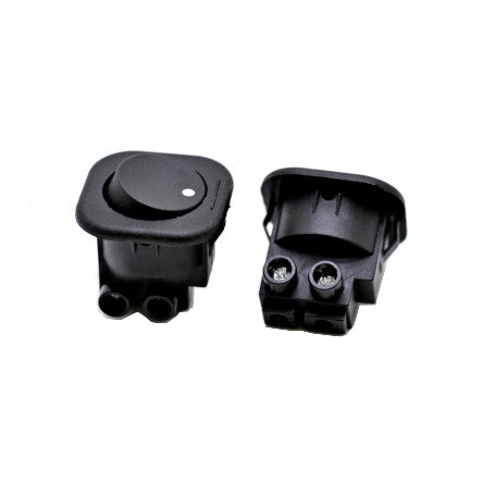 Intrerupator buton patrat negru 250V AC - vedere descompusa, corp si capac detasate