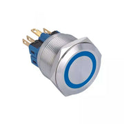 Buton push metalic 25mm cu LED albastru, 9-30V, 5A, contact 1NO 1NC, corp din aluminiu