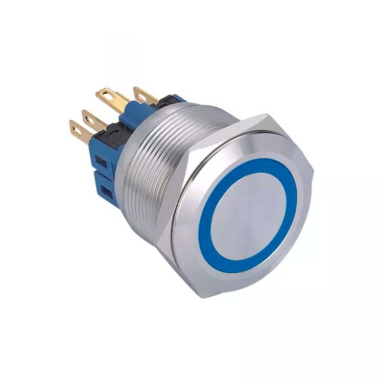 Buton push metalic 25mm cu LED albastru, 9-30V, 5A, contact 1NO 1NC, corp din aluminiu