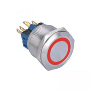 Buton push metalic 25mm cu LED rosu inel, tensiune 9-30V DC, contact 1NO 1NC, corp inox