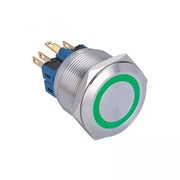 Buton push metalic 25mm cu LED verde, tensiune 9-30V, contact 1NO 1NC, corp inox antivandal