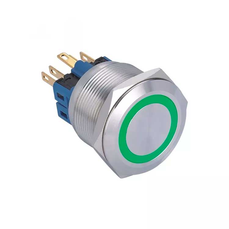 Buton push metalic 25mm cu LED verde, tensiune 9-30V, contact 1NO 1NC, corp inox antivandal