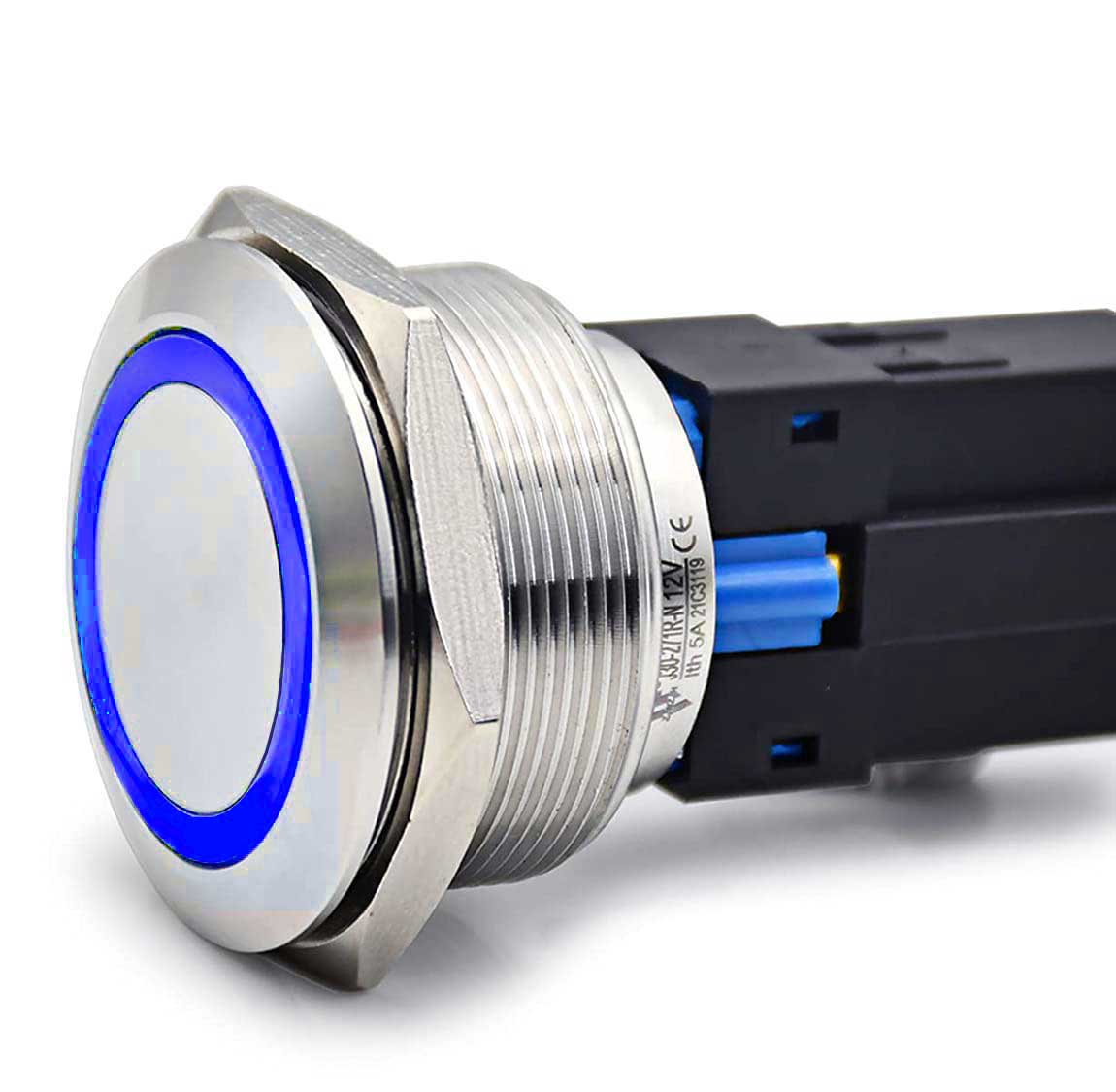 Buton push metalic 30mm cu LED albastru, 24V, IP67, corp inox, conector 6 pini
