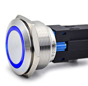 Buton push metalic 30mm cu LED albastru, 24V, IP67, corp inox, conector 6 pini