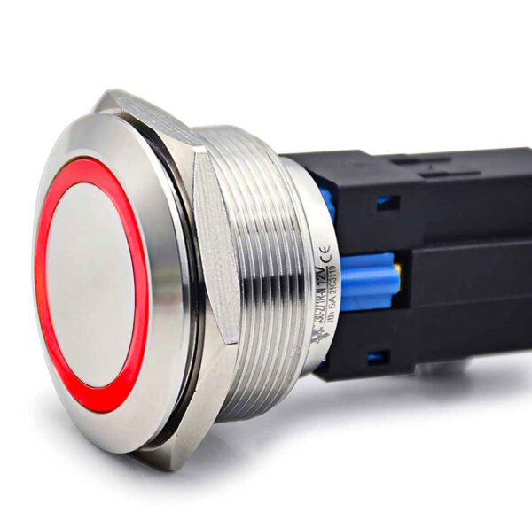 Buton push metalic 30mm cu retinere, inel LED rosu 24V, corp inox antivandal IP67